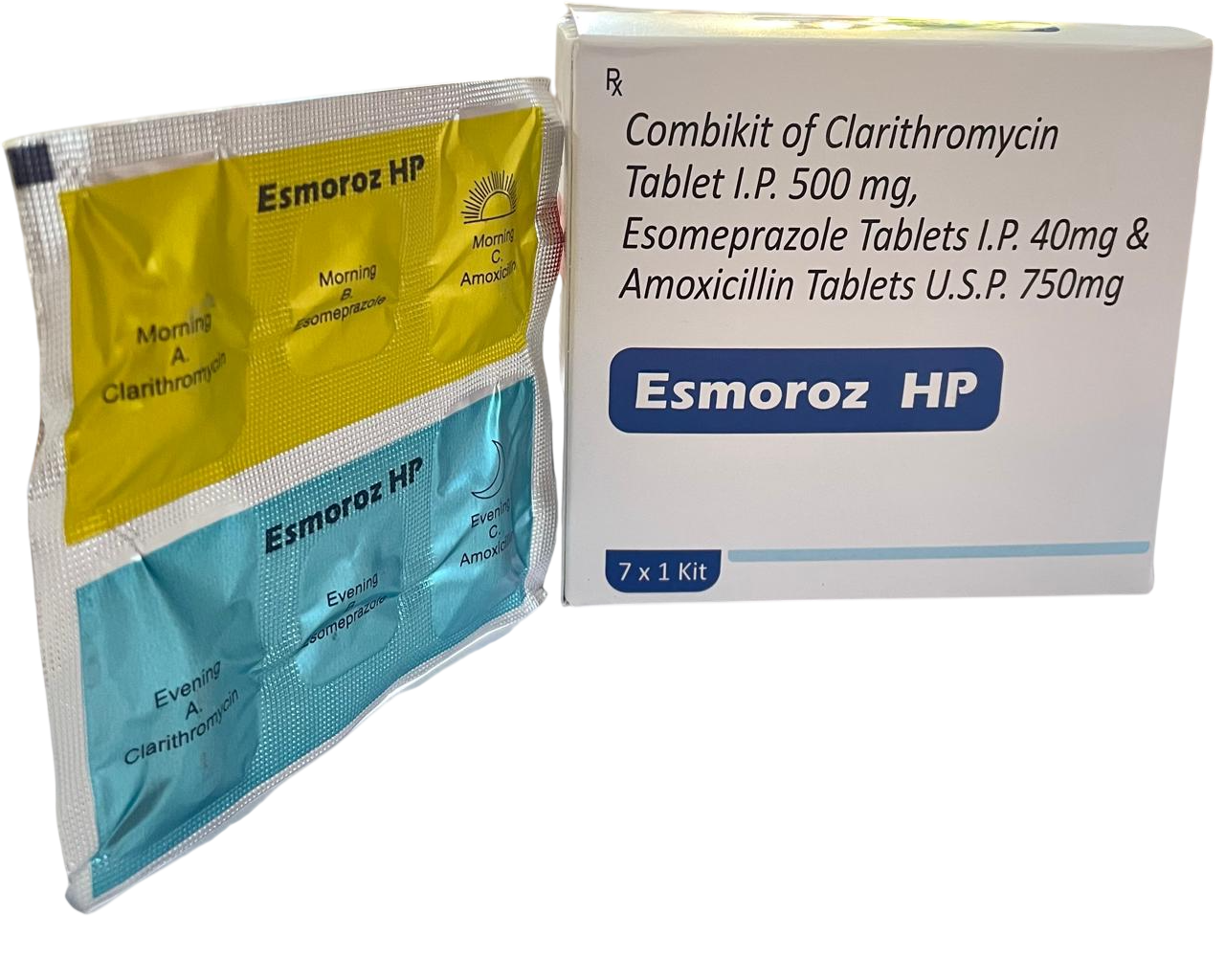 Combikit of Clarithromycin 500 mg, Esomeprazole 40 mg and Amoxicillin 750 mg tablets