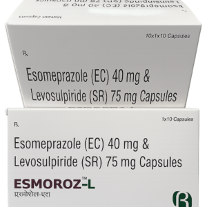 Esmoroz-L capsules packaging showing Esomeprazole 40 mg and Levosulpiride 75 mg medicine box by Rapix Pharmaceuticals